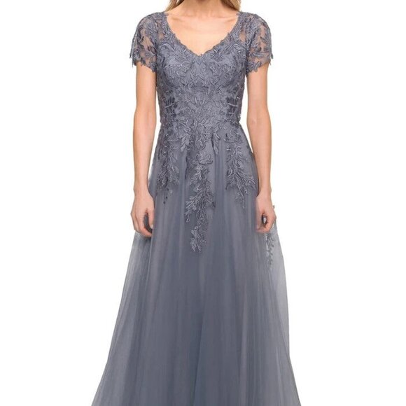 La Femme Slate Blue Shimmer Embroidered Tulle A-Line Gown - Picture 1 of 6